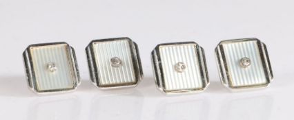 Four art deco 9 carat white gold and diamond collar studs, set with a central brilliant cut