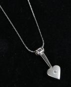 18 carat white gold and diamond necklace, with a heat shaped pendant set with a brilliant cut