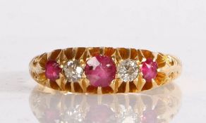 A 19th Century 18 carat gold diamond and ruby set ring, with three rubies and two diamonds to the
