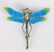 Turquoise and green enamel dragonfly brooch, with blister pearl set abdomen, 51.5mm wide, 46mm high