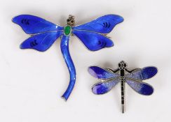Sterling silver and blue enamel decorated dragonfly brooch, 50.5mm wide, 39.5mm high, smaller