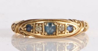 18 carat gold and gem-set ring, having sapphires and diamonds in a carved mount, 2.44 grams, ring