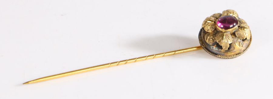 A Victorian cabochon cut amethyst set stick pin, the central amethyst with leaf scrolls, the rear of - Image 2 of 2