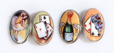 A pair of silver and enamel gentleman's cufflinks, one set having a set of playing cards and a