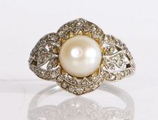 A cultured pearl and diamond ring, possibly Belle Epoque, having a large cultured pearl to the