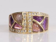 18 carat gold diamond and amethyst set ring, the geometric design with diamond edge to the