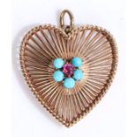 9 carat gold and gem set heart pendant, the heart is formed of multiple bands of gold radiating from