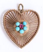 9 carat gold and gem set heart pendant, the heart is formed of multiple bands of gold radiating from
