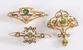 Three peridot and pearl brooches, to include a 9 carat gold peridot brooch with swags set with