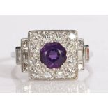Platinum, amethyst and diamond ring, the central amethyst surrounded by a square head of diamonds,