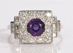 Platinum, amethyst and diamond ring, the central amethyst surrounded by a square head of diamonds,