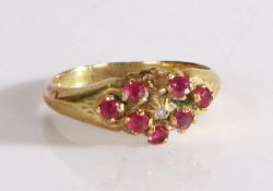 A Victorian 15 carat gold ruby and diamond set ring, assayed 1869, Birmingham, the central diamond