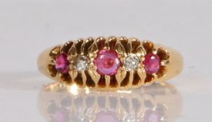 18 carat gold ruby and diamond ring, the head set with three round cut rubies with two