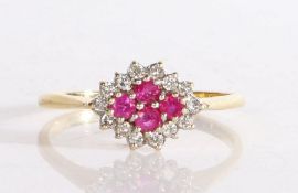 An 18 carat gold ruby and diamond ring, the head set with four round cut rubies surrounded by