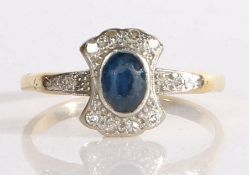 18 carat gold sapphire and diamond ring, the head set with a oval cut sapphire surrounded by