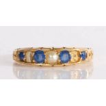 A Victorian 18 carat gold sapphire and pearl ring, assayed Birmingham 1887, with four sapphires