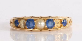 A Victorian 18 carat gold sapphire and pearl ring, assayed Birmingham 1887, with four sapphires