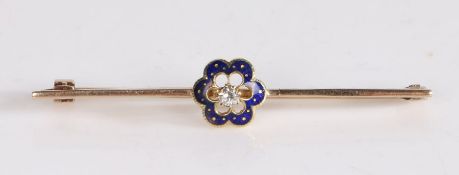 A diamond and enamel bar brooch, the central diamond with a blue enamel petal edge attached to the