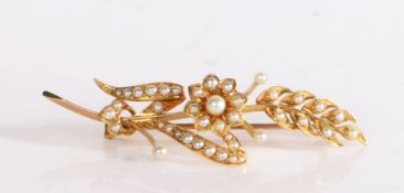 An elegant floral brooch depicting a sprig of flowers accented with pearls, set in a yellow metal.