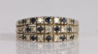 White metal sapphire and diamond eternity ring, formed of three white metal bands, each set with a