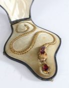 A good Victorian amethyst set snake necklace, the articulated tapering body with two amethysts to