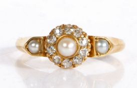 18 carat gold pearl and diamond ring, the central pearl, surrounded by a ring of diamond chips