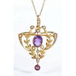 Art Nouveau 9 carat gold amethyst and seed pearl pendant necklace, the foliate decorated pendant