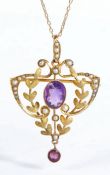Art Nouveau 9 carat gold amethyst and seed pearl pendant necklace, the foliate decorated pendant
