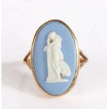 Gold coloured metal Wedgwood jasperware cameo ring, the cameo depicting a lady leaning on a