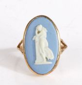 Gold coloured metal Wedgwood jasperware cameo ring, the cameo depicting a lady leaning on a