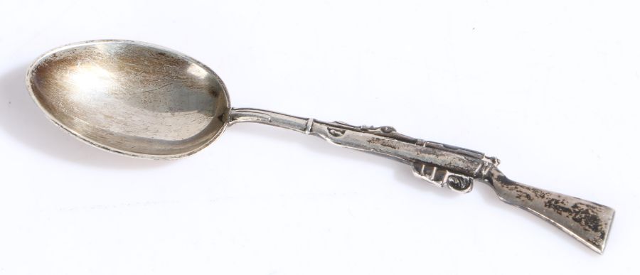 George VI silver teaspoon, Sheffield 1938, makers the Hutton family, the handle cast as a rifle, 0.