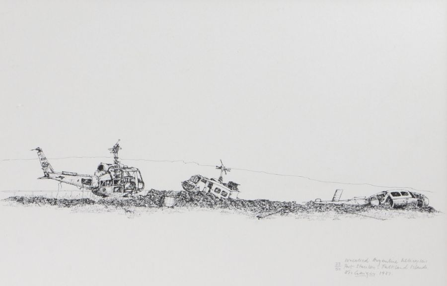 Limited edition print by John Hamilton (1919-1993), entitled 'Wrecked Argentine Helicopters, Port