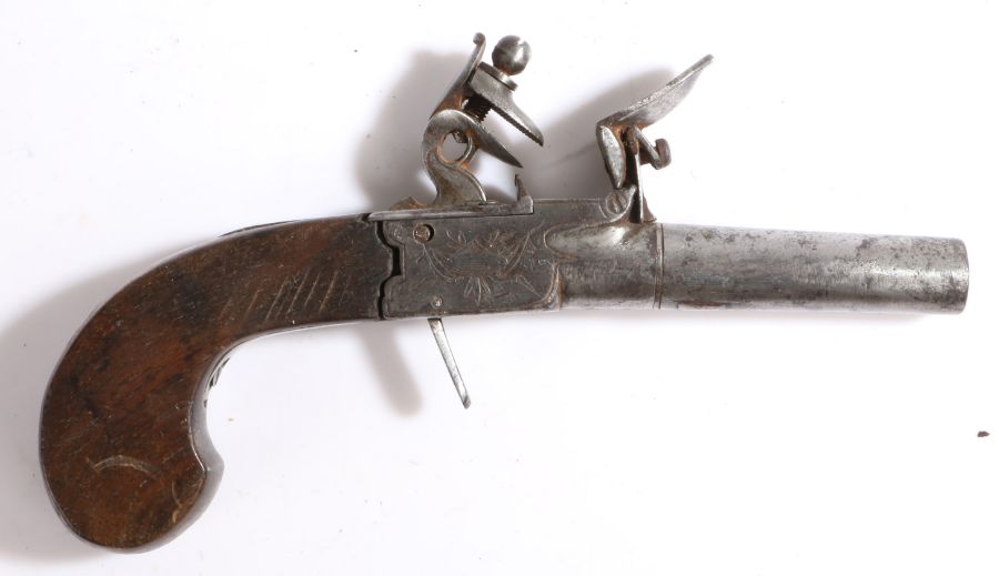 Circa 18th century Flintlock box lock pocket pistol by T. Goer, engraved lock signed with makers