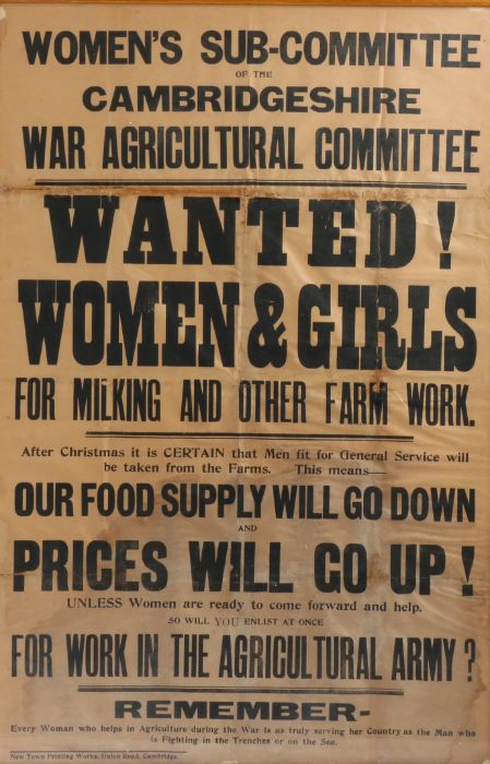 First World War home front recruiting poster, 'Wanted! Women and Girls for Milking and Other Farm