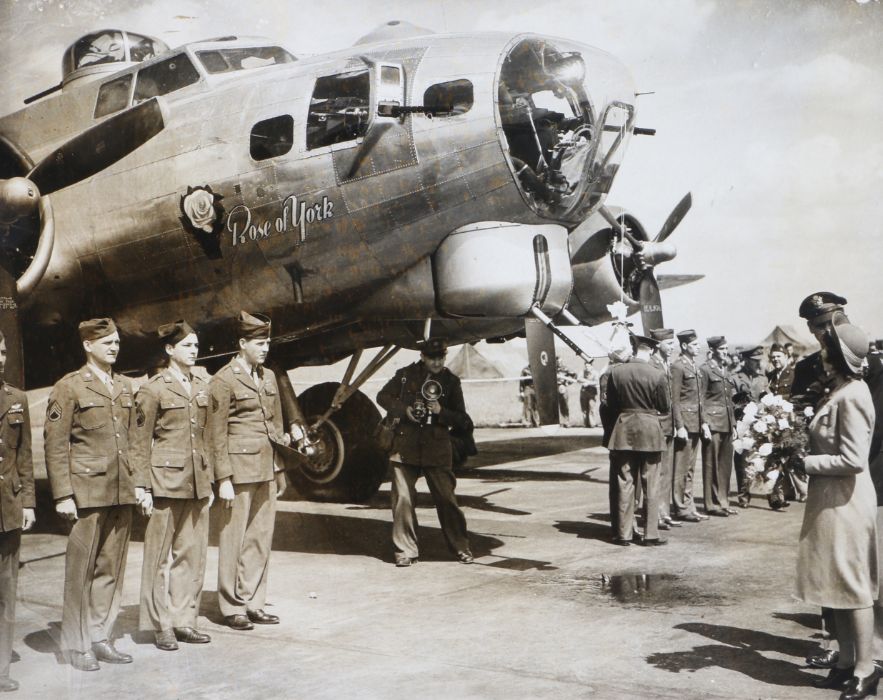 Official Second World War press photograph of Princess Elizabeth naming a United States Army Air