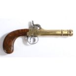 Continental brass framed percussion box lock pocket pistol, engraved to the top of the barrel with