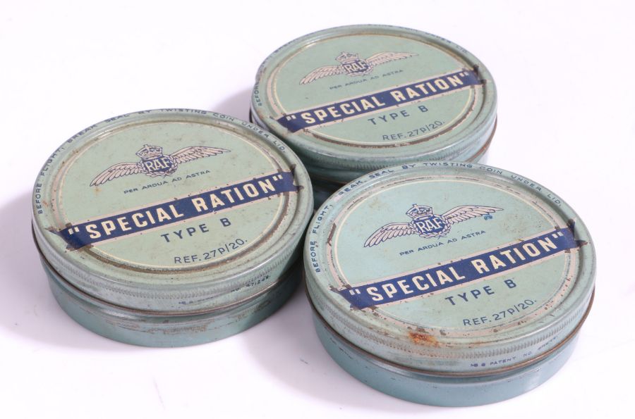 Three Second World War RAF Special Ration Type 'B'  cans (empty), all marked with the stores