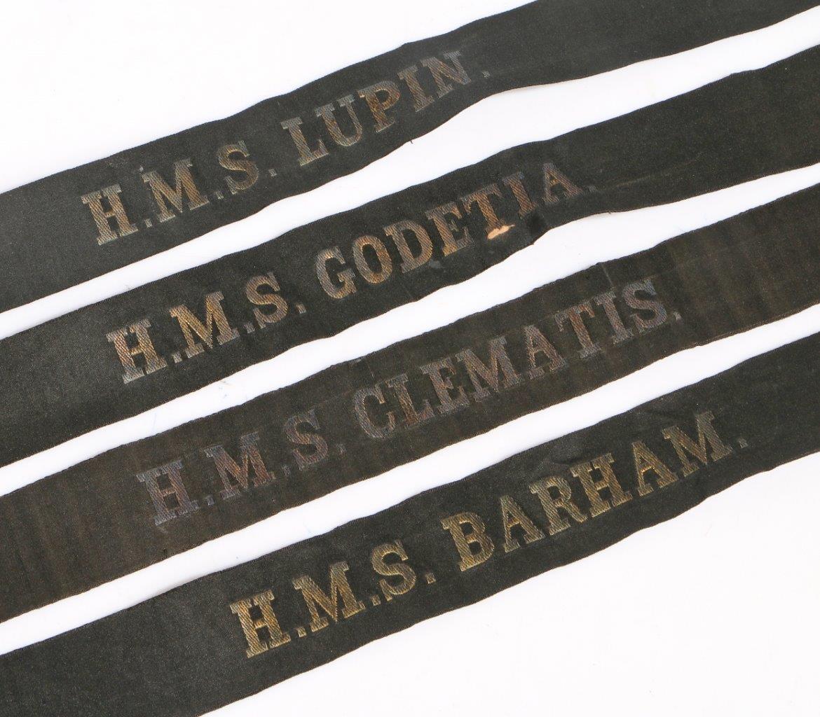 First World War period Royal Navy cap tallies to HMS Barham (Queen Elizabeth class battleship,