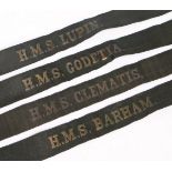 First World War period Royal Navy cap tallies to HMS Barham (Queen Elizabeth class battleship,