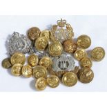 Selection of Badges and buttons including Suffolk Regiment Cap badges in white metal and bi-metal,