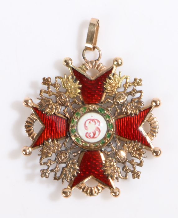 Russian Imperial Order of Saint Stanislas, yellow metal and enamel, partial rubbed maker stamp of '