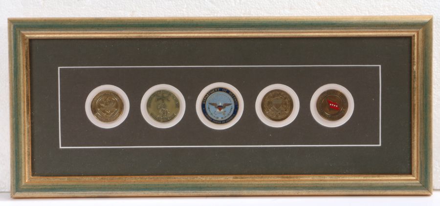 Framed U.S. miltary medallions/challenge coins including, 'Cooperative nugget '95' (major multi