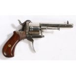 19th century Belgian nickel plated pin fire revolver, 6 shot cylinder, action frozen