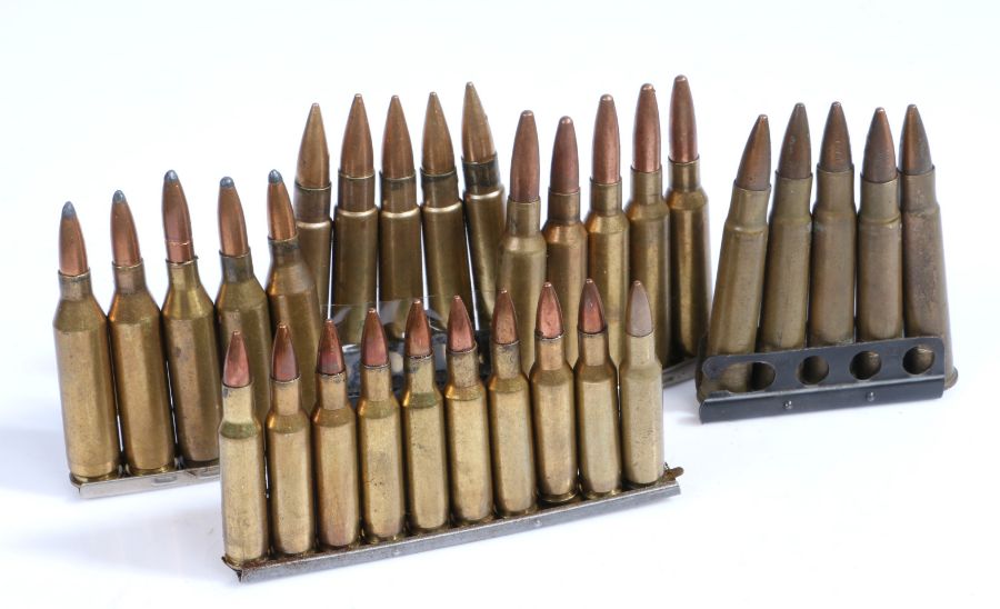 Selection of rifle rounds in clips, various calibres, 6.5mm, .222", .243", etc, inert, (qty)