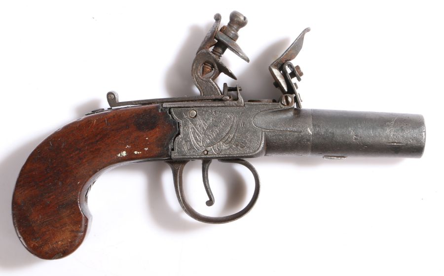 18th century flintlock box lock pocket pistol by Evans of Cambridge, engraved lock signed with