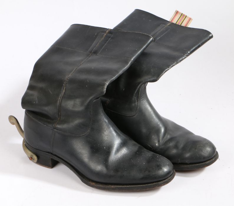 Pair of British officers Mess Dress Wellington boots with white metal swan neck spurs, 'WD' stamps