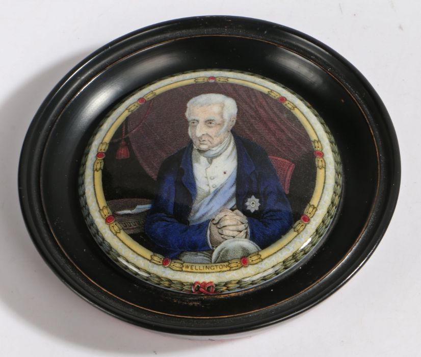 19th century Prattware pot lid showing the Duke of Wellington in later years, framed, diameter 10.