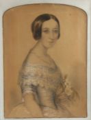 (19th century) portrait of a lady signed (indistinctly, lower right) charcoal, watercolour and