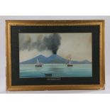 Early 20th Century gouache painting of Mount Vesuvius, a row boat and two sailing boats to the water