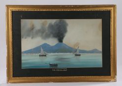 Early 20th Century gouache painting of Mount Vesuvius, a row boat and two sailing boats to the water